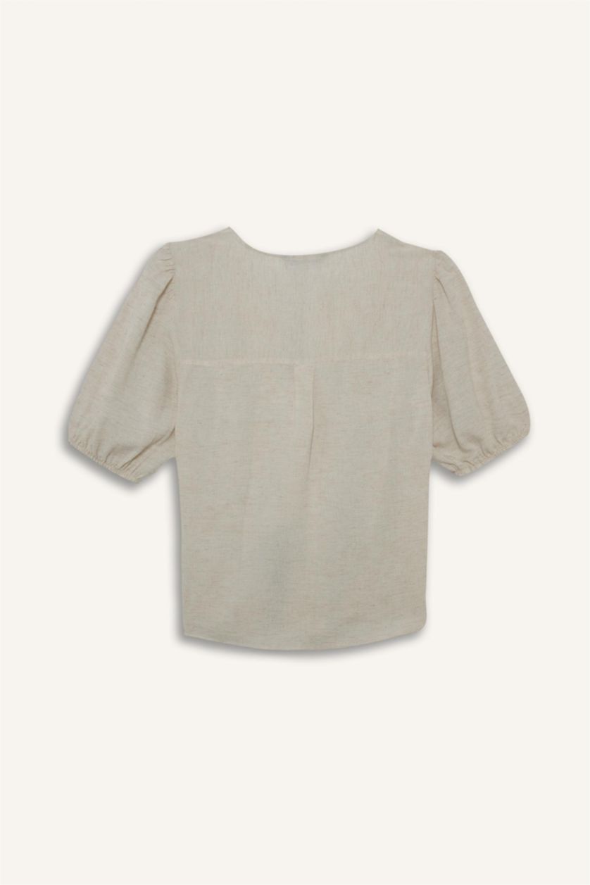 WOMAN Light Beige Regular Fit Crew Neck Linen Blend Blouse