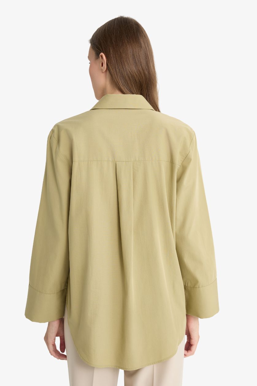 Kadın Açık Haki Regular Fıt Gömlek Yaka Poplin Uzun Kollu Tunik