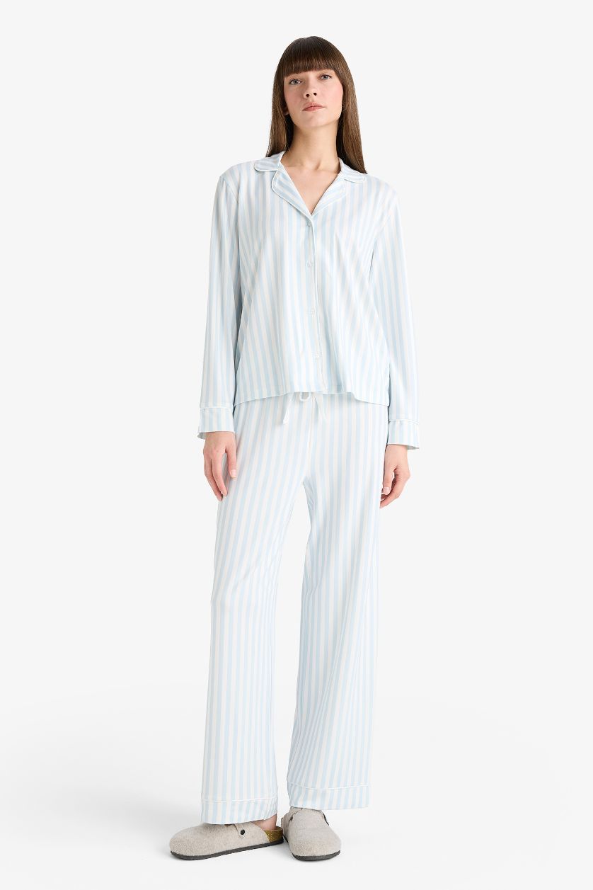 WOMAN Light Blue Fall in Love Regular Fit Striped Top Bottoms 2 Piece Pajama Set