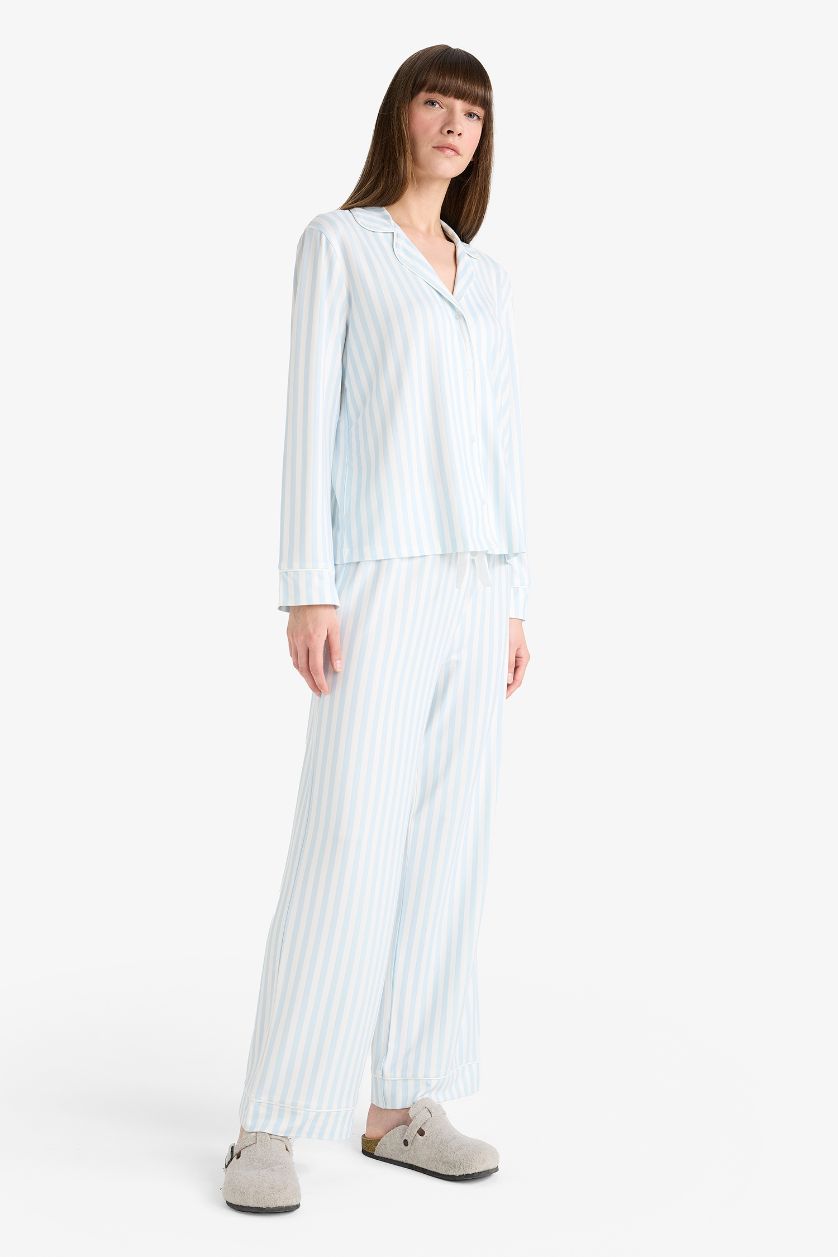 WOMAN Light Blue Fall in Love Regular Fit Striped Top Bottoms 2 Piece Pajama Set