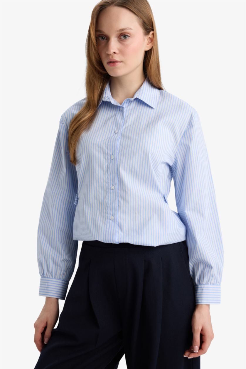 Woman Light Blue Regular Fit Cotton Striped Long Sleeve Tunic