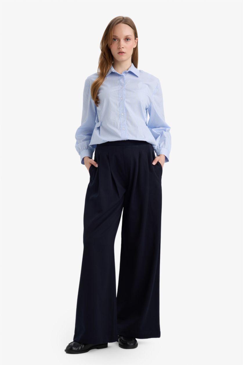 Woman Light Blue Regular Fit Cotton Striped Long Sleeve Tunic