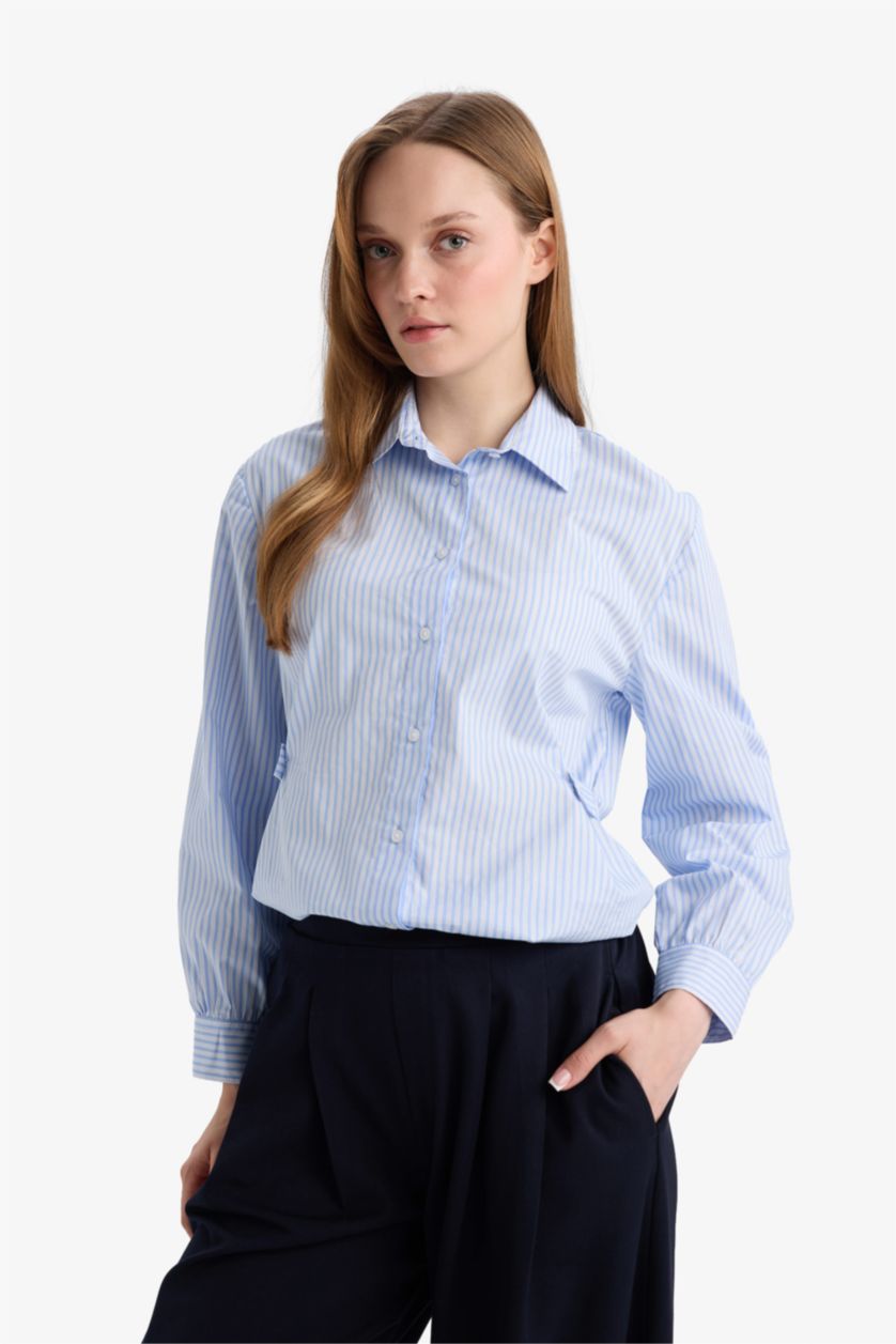 Woman Light Blue Regular Fit Cotton Striped Long Sleeve Tunic