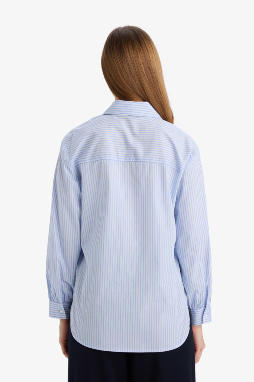 Woman Light Blue Regular Fit Cotton Striped Long Sleeve Tunic