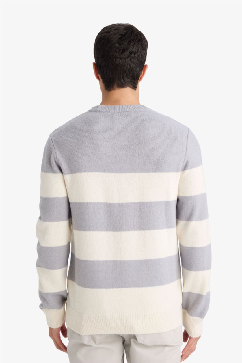 رجال رمادي بلوفر تريكو قصة عادية بياقة مستديرة