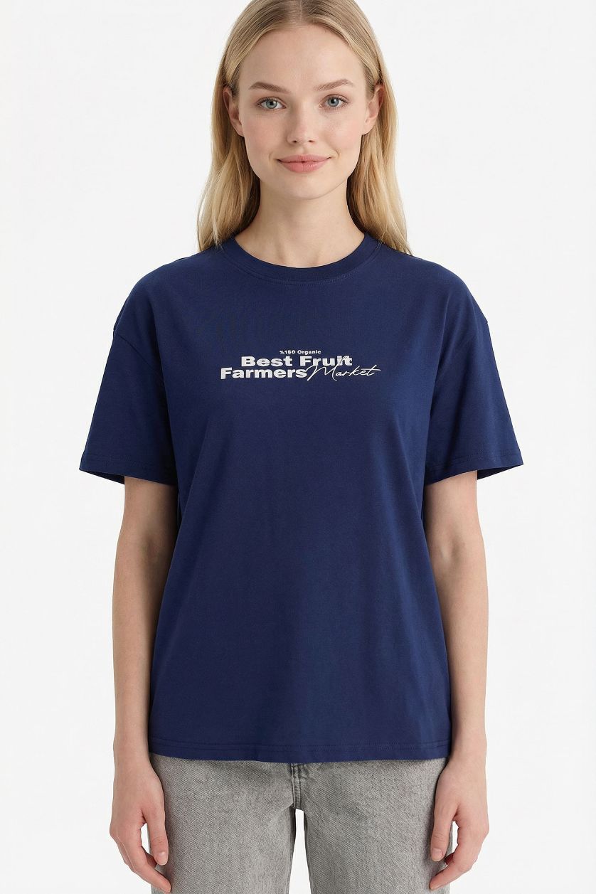 Woman NAVY Oversize Fit Crew Neck Short Sleeves T-Shirt