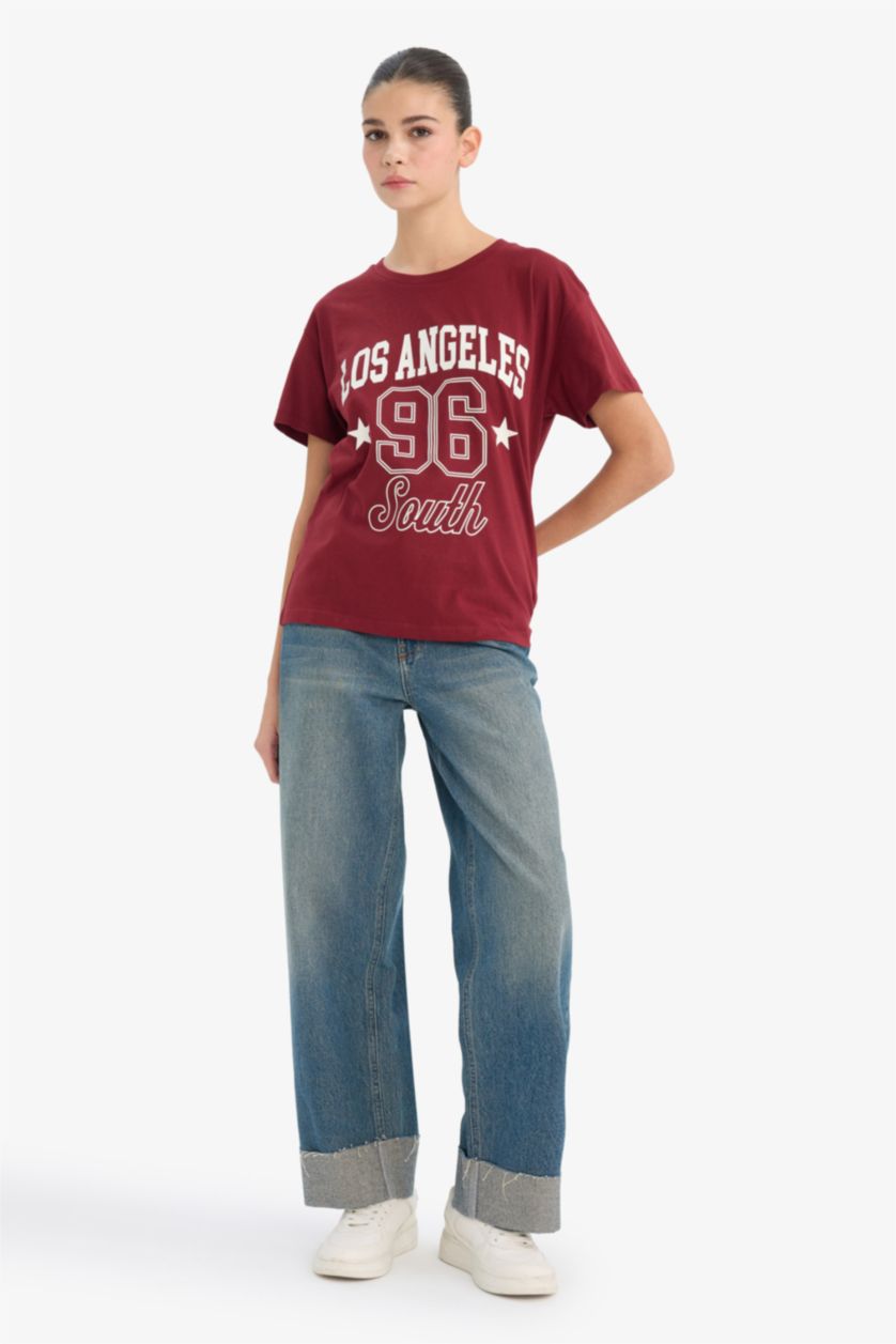 Woman Bordeaux Oversize Fit Printed Crew Neck Short Sleeves T-Shirt