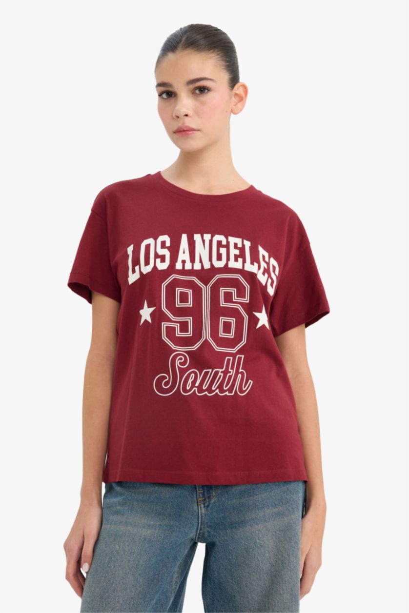 Woman Bordeaux Oversize Fit Printed Crew Neck Short Sleeves T-Shirt