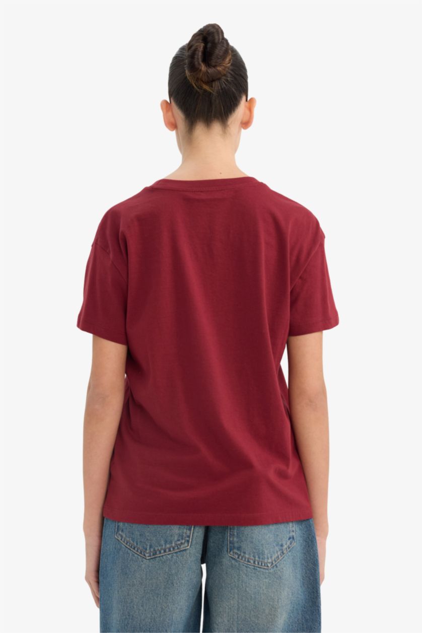 Woman Bordeaux Oversize Fit Printed Crew Neck Short Sleeves T-Shirt