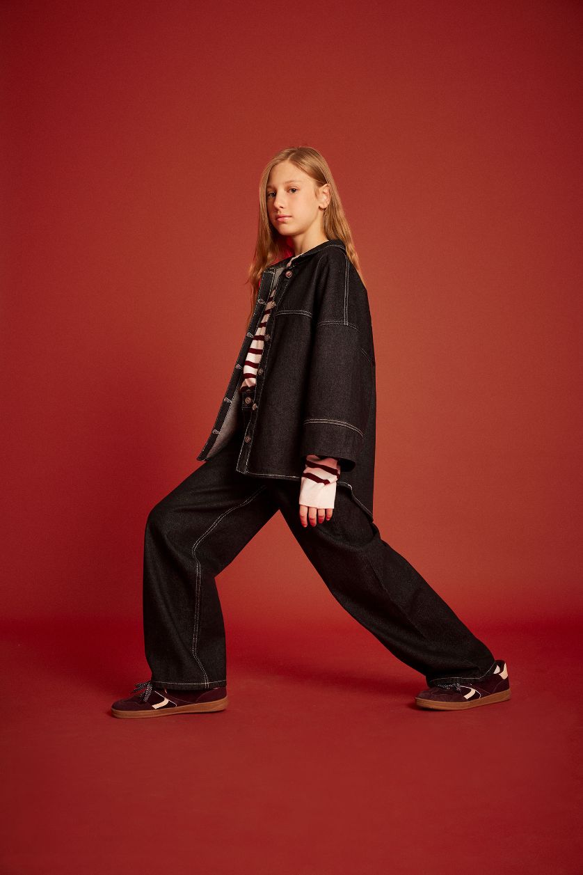 Kız Çocuk - Genç Kız Siyah Wide Leg Geniş Paça Jean Pantolon Kız Çocuk