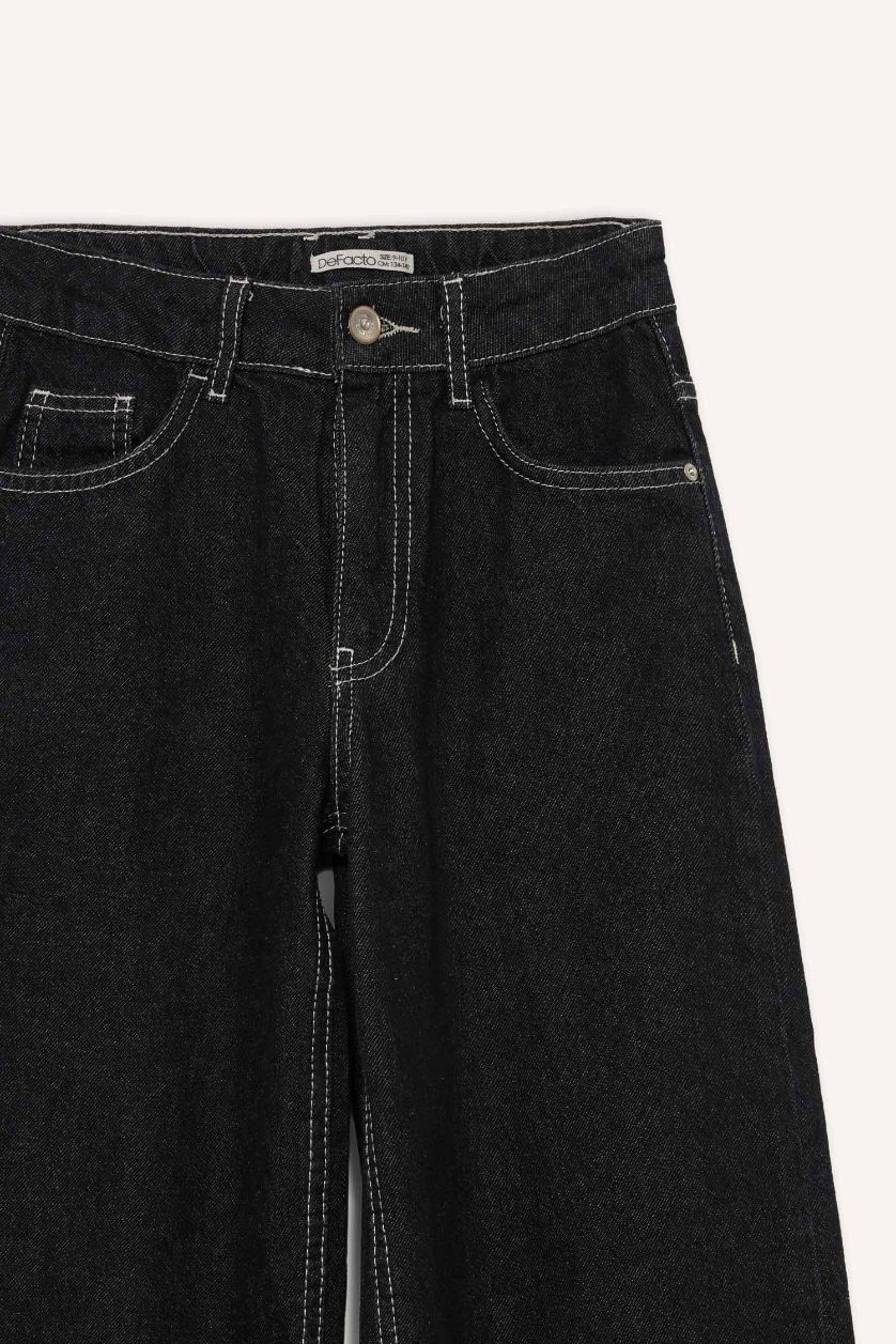 Kız Çocuk - Genç Kız Siyah Wide Leg Geniş Paça Jean Pantolon Kız Çocuk