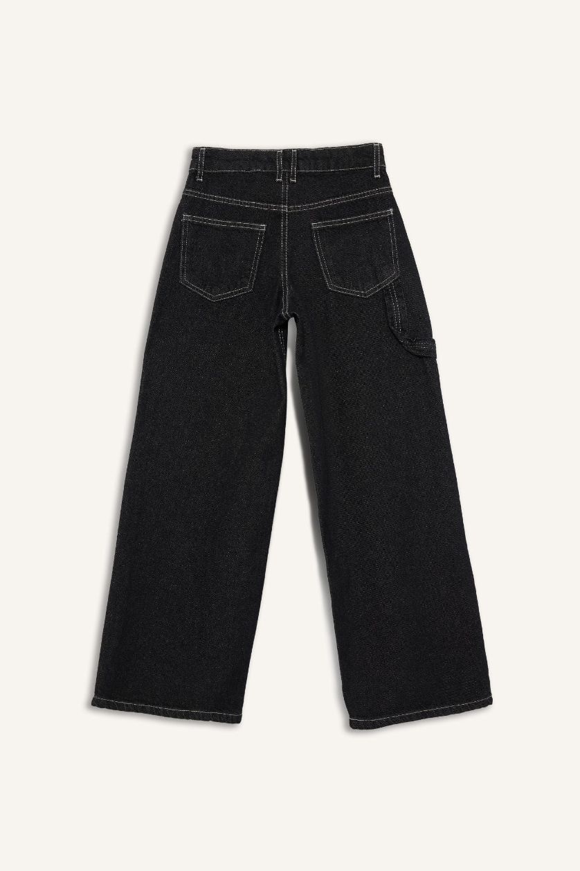 Kız Çocuk - Genç Kız Siyah Wide Leg Geniş Paça Jean Pantolon Kız Çocuk
