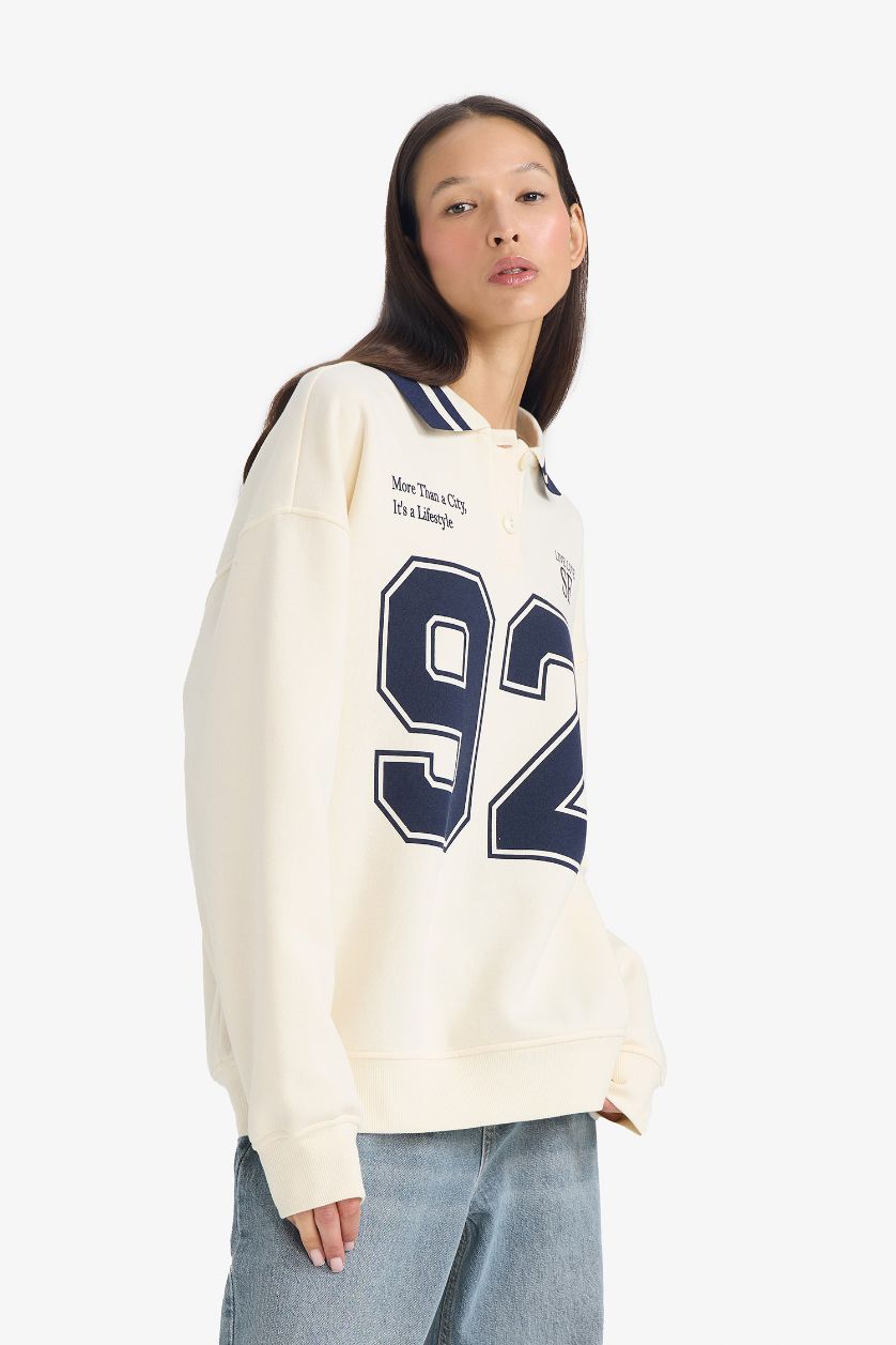 FEMME Écru Sweatshirt épais Oversize imprimé à col polo