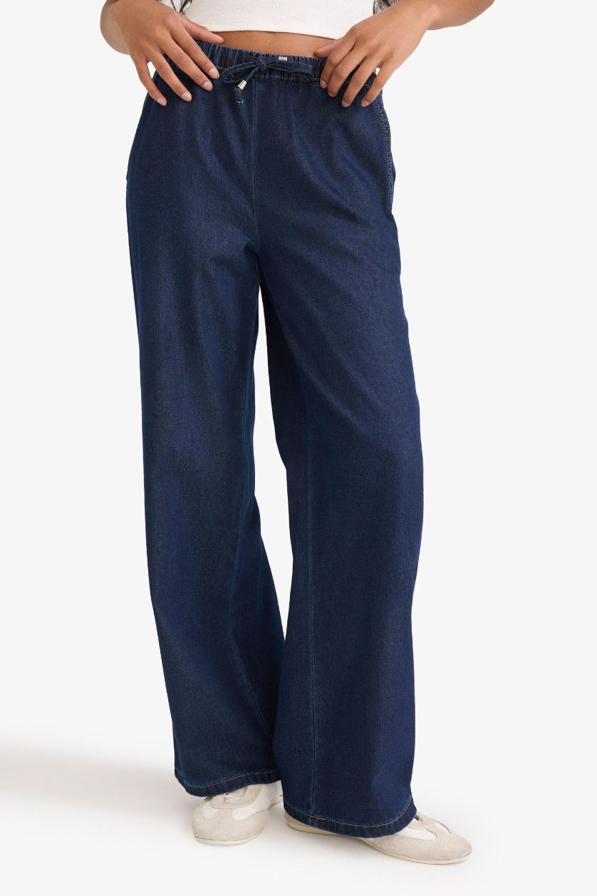 WOMAN Blue Black Wide Leg Regular Hem Denim Trousers