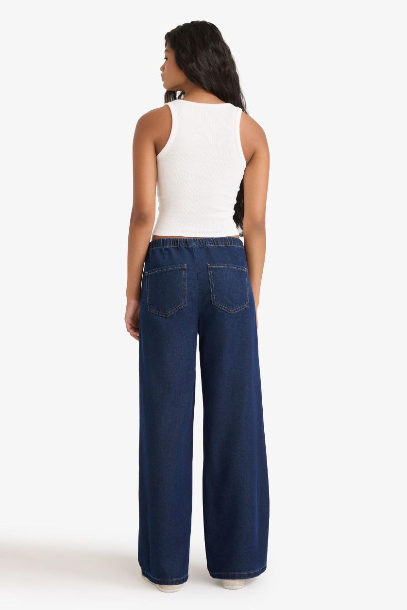 WOMAN Blue Black Wide Leg Regular Hem Denim Trousers