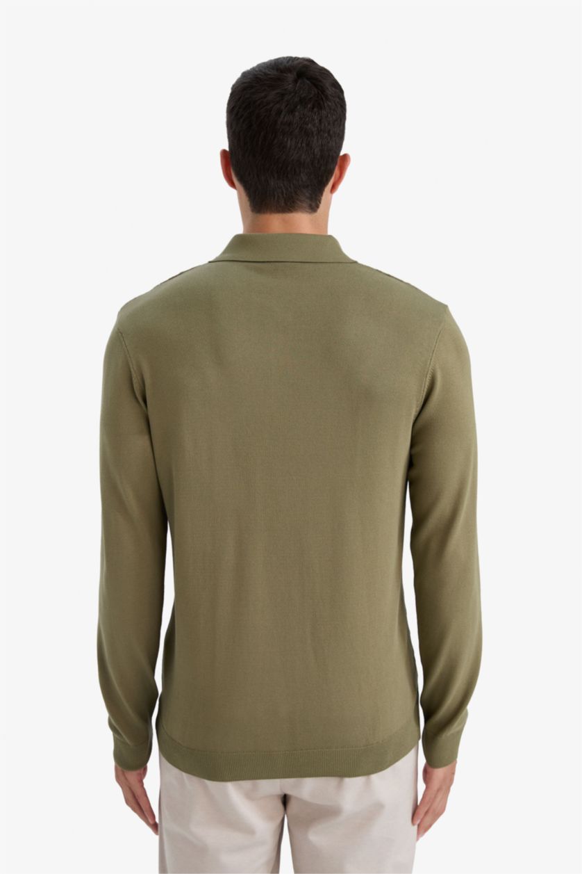 رجالي كاكي بلوفر تريكو قصة عادية بياقة بولو