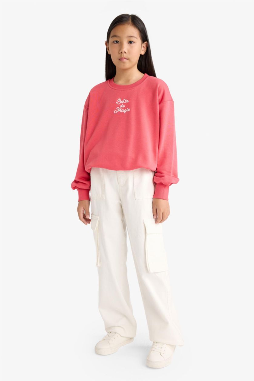 Kız Çocuk - Genç Kız Koyu Mercan Oversize Geniş Kalıp Bisiklet Yaka Baskılı Sweatshirt Kız Çocuk