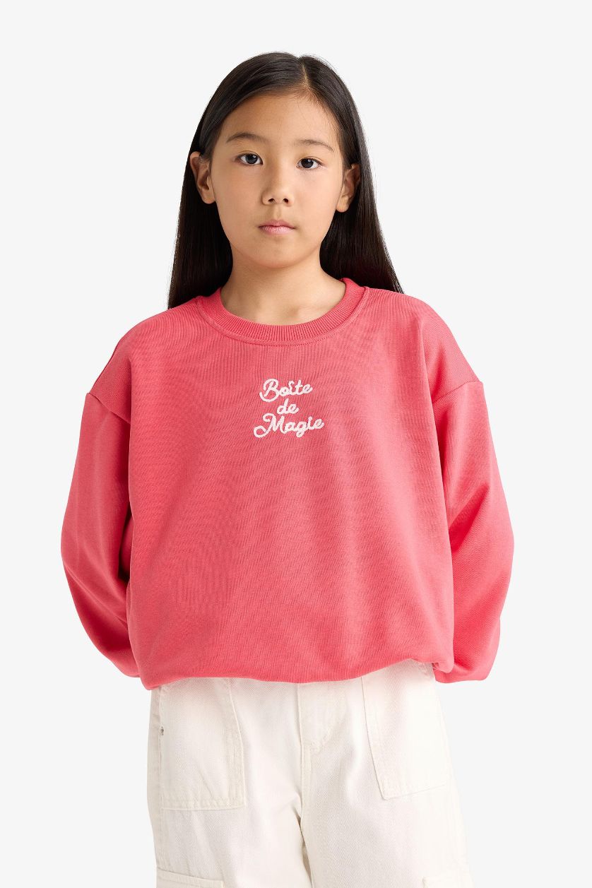 Kız Çocuk - Genç Kız Koyu Mercan Oversize Geniş Kalıp Bisiklet Yaka Baskılı Sweatshirt Kız Çocuk