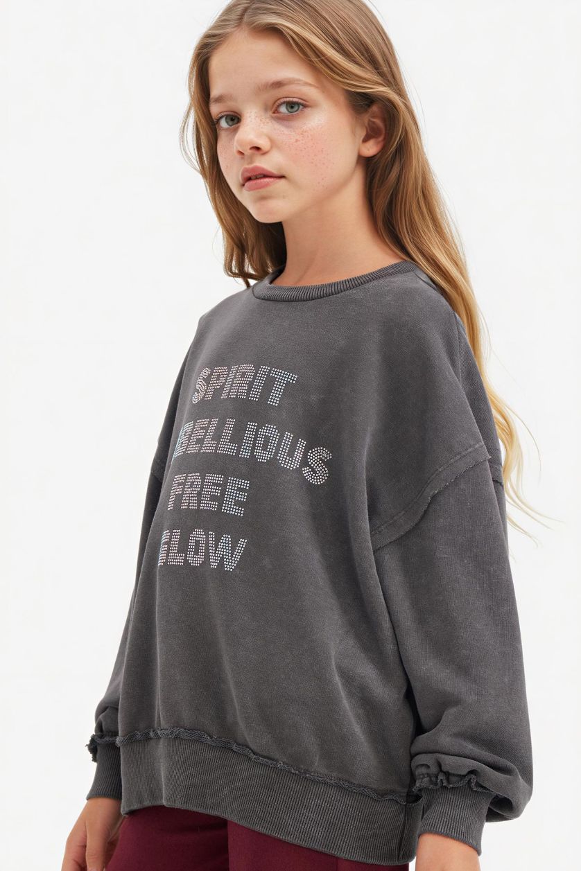 Kız Çocuk - Genç Kız Koyu Antrasit Oversize Geniş Kalıp Bisiklet Yaka Baskılı Sweatshirt Kız Çocuk