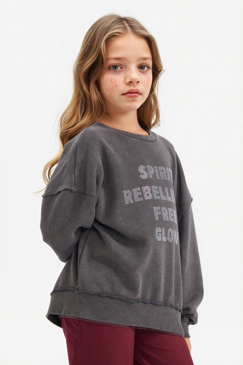 Kız Çocuk - Genç Kız Koyu Antrasit Oversize Geniş Kalıp Bisiklet Yaka Baskılı Sweatshirt Kız Çocuk