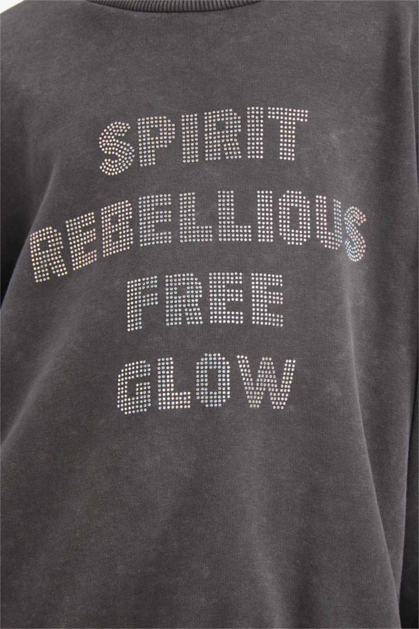 Kız Çocuk - Genç Kız Koyu Antrasit Oversize Geniş Kalıp Bisiklet Yaka Baskılı Sweatshirt Kız Çocuk