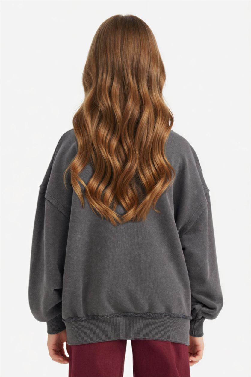 Kız Çocuk - Genç Kız Koyu Antrasit Oversize Geniş Kalıp Bisiklet Yaka Baskılı Sweatshirt Kız Çocuk