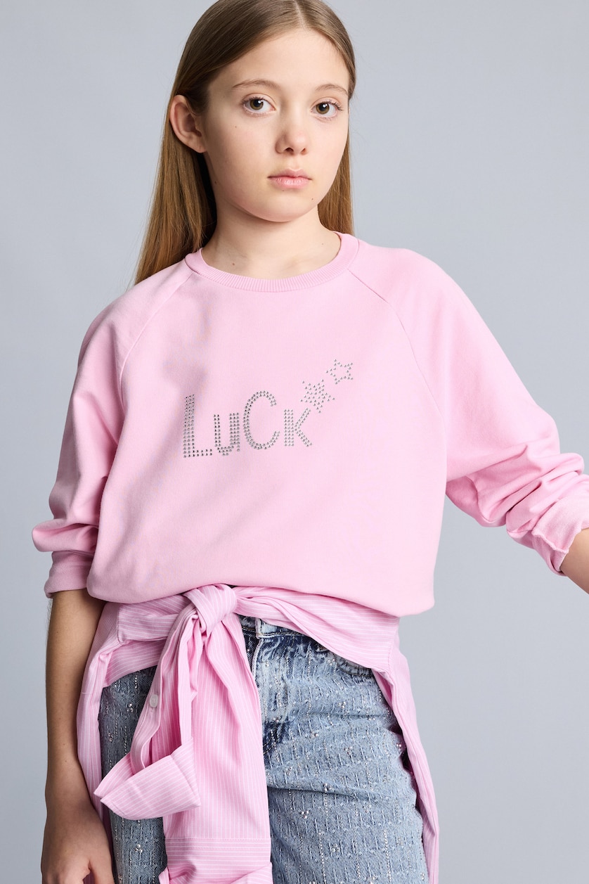 Kız Çocuk - Genç Kız Açık Pembe Oversize Geniş Kalıp Bisiklet Yaka Taşlı Sweatshirt Kız Çocuk