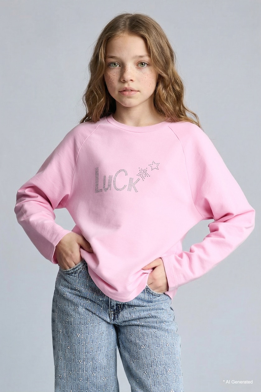 Young Girls - Teen Girls Light Pink Girl Crew Neck Stoned Oversize Sweatshirt