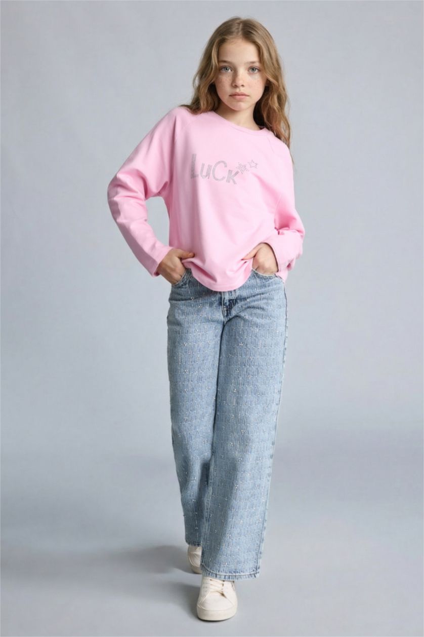 Kız Çocuk - Genç Kız Açık Pembe Oversize Geniş Kalıp Bisiklet Yaka Taşlı Sweatshirt Kız Çocuk