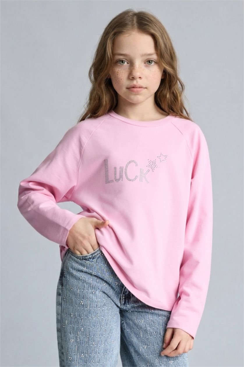 Kız Çocuk - Genç Kız Açık Pembe Oversize Geniş Kalıp Bisiklet Yaka Taşlı Sweatshirt Kız Çocuk