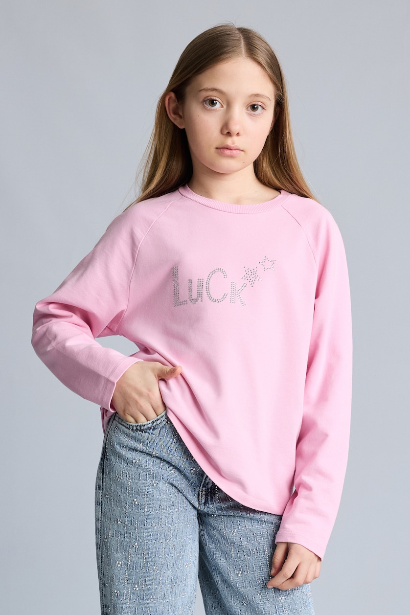 Kız Çocuk - Genç Kız Açık Pembe Oversize Geniş Kalıp Bisiklet Yaka Taşlı Sweatshirt Kız Çocuk