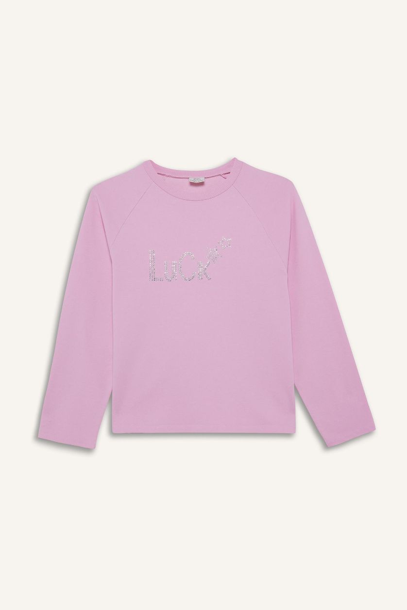Kız Çocuk - Genç Kız Açık Pembe Oversize Geniş Kalıp Bisiklet Yaka Taşlı Sweatshirt Kız Çocuk