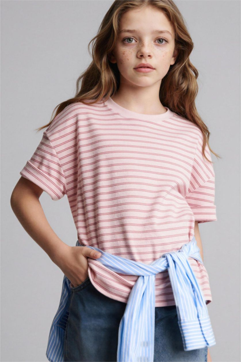 Девочки и подростки Светло-розовый Футболка Oversize с круглым вырезом и коротким рукавом для девочек