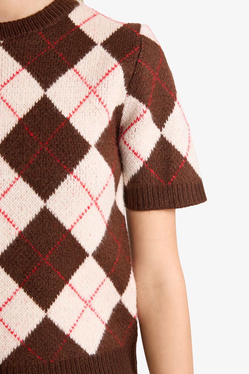 WOMAN Brown Slim Fit Crew Neck Argyle Patterned Knit Pullover
