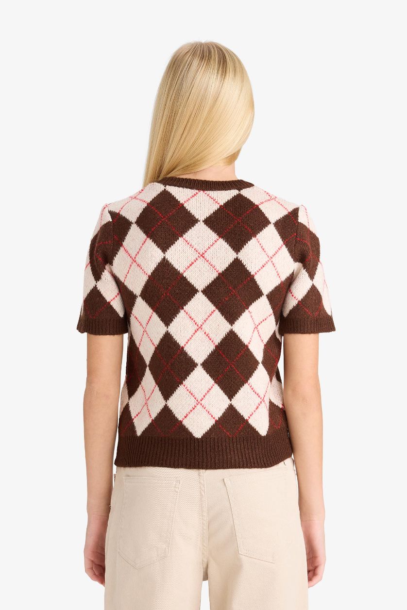 WOMAN Brown Slim Fit Crew Neck Argyle Patterned Knit Pullover