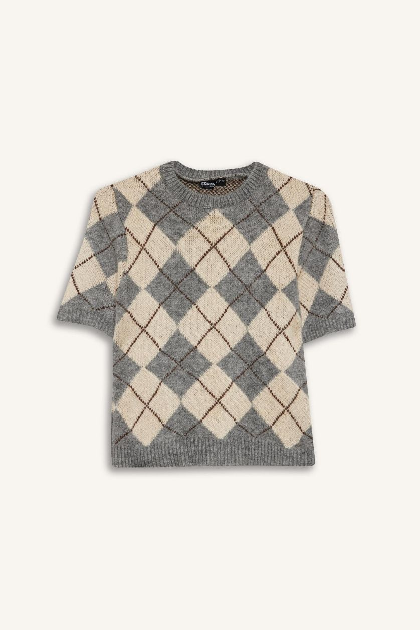 Kadın Gri Melanj Slim Fit Dar Kesim Bisiklet Yaka Baklava Desenli Kısa Kollu Kazak