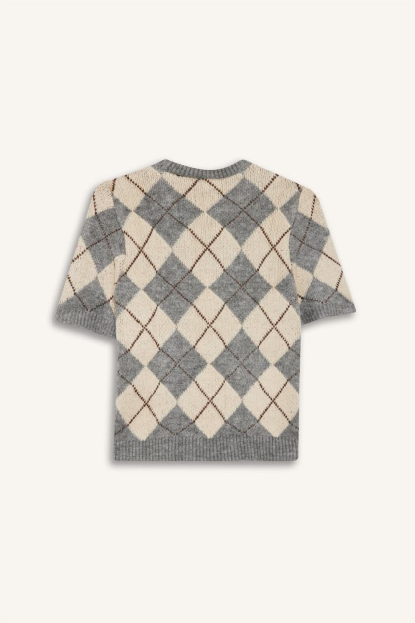 Kadın Gri Melanj Slim Fit Dar Kesim Bisiklet Yaka Baklava Desenli Kısa Kollu Kazak