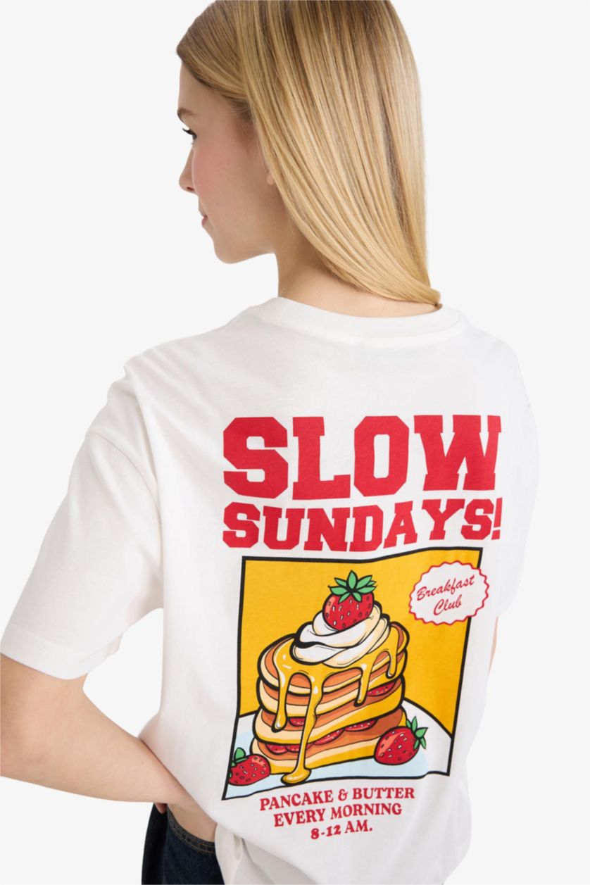 Женщины Кремовый Футболка оверсайз с принтом и коротким рукавом