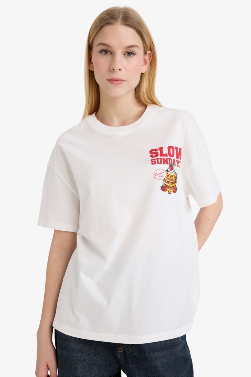 Женщины Кремовый Футболка оверсайз с принтом и коротким рукавом