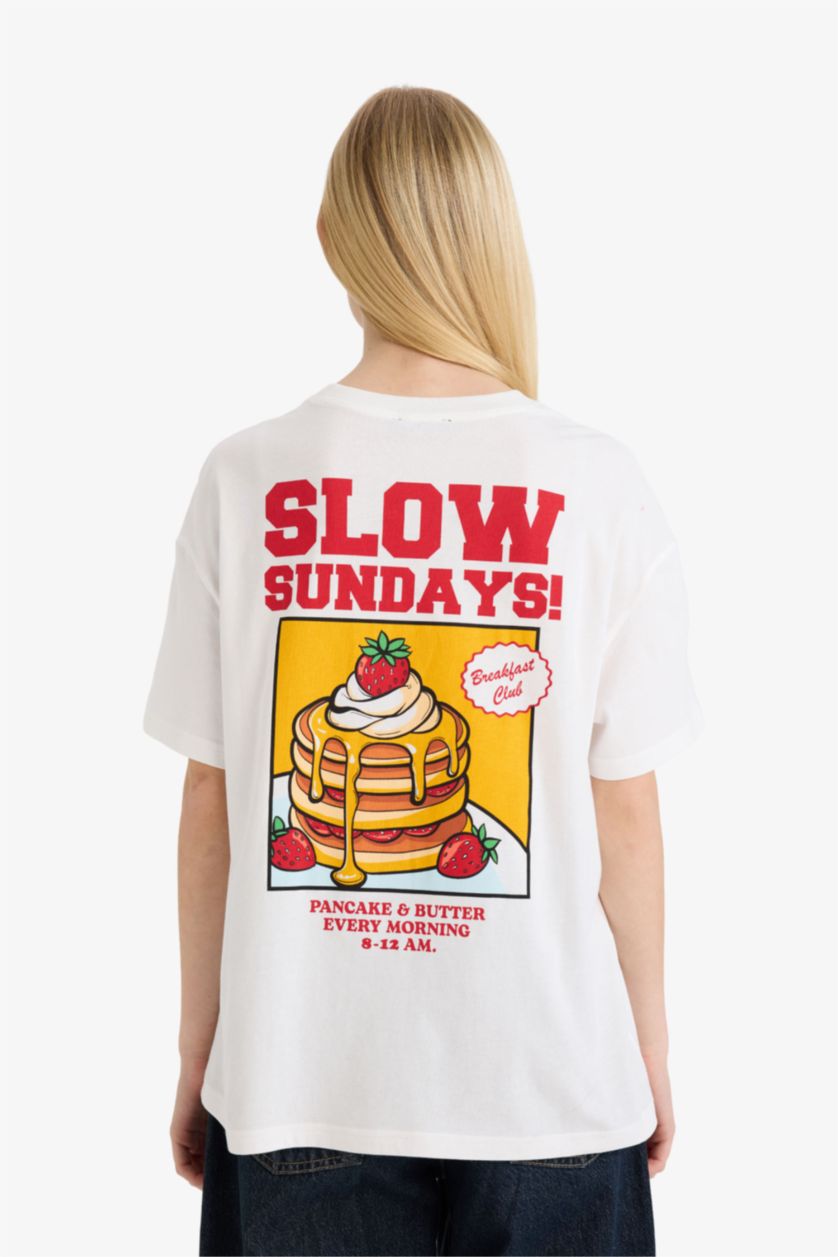 Женщины Кремовый Футболка оверсайз с принтом и коротким рукавом