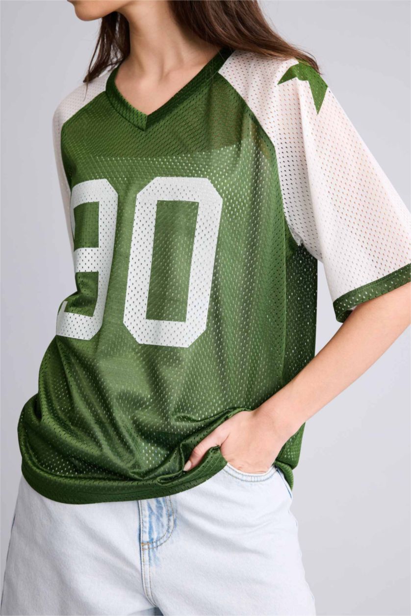 Женщины Кремовый Футболка оверсайз с V-образным вырезом принтом и коротким рукавом