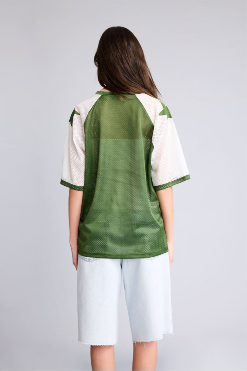 Женщины Кремовый Футболка оверсайз с V-образным вырезом принтом и коротким рукавом