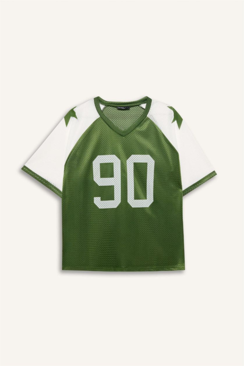 Женщины Кремовый Футболка оверсайз с V-образным вырезом принтом и коротким рукавом