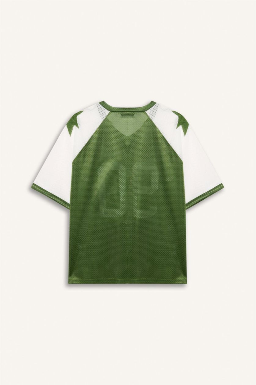 Женщины Кремовый Футболка оверсайз с V-образным вырезом принтом и коротким рукавом