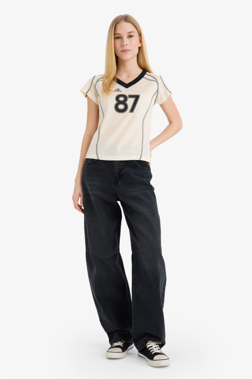 Женщины Кремовый Футболка с принтом Fitted с коротким рукавом