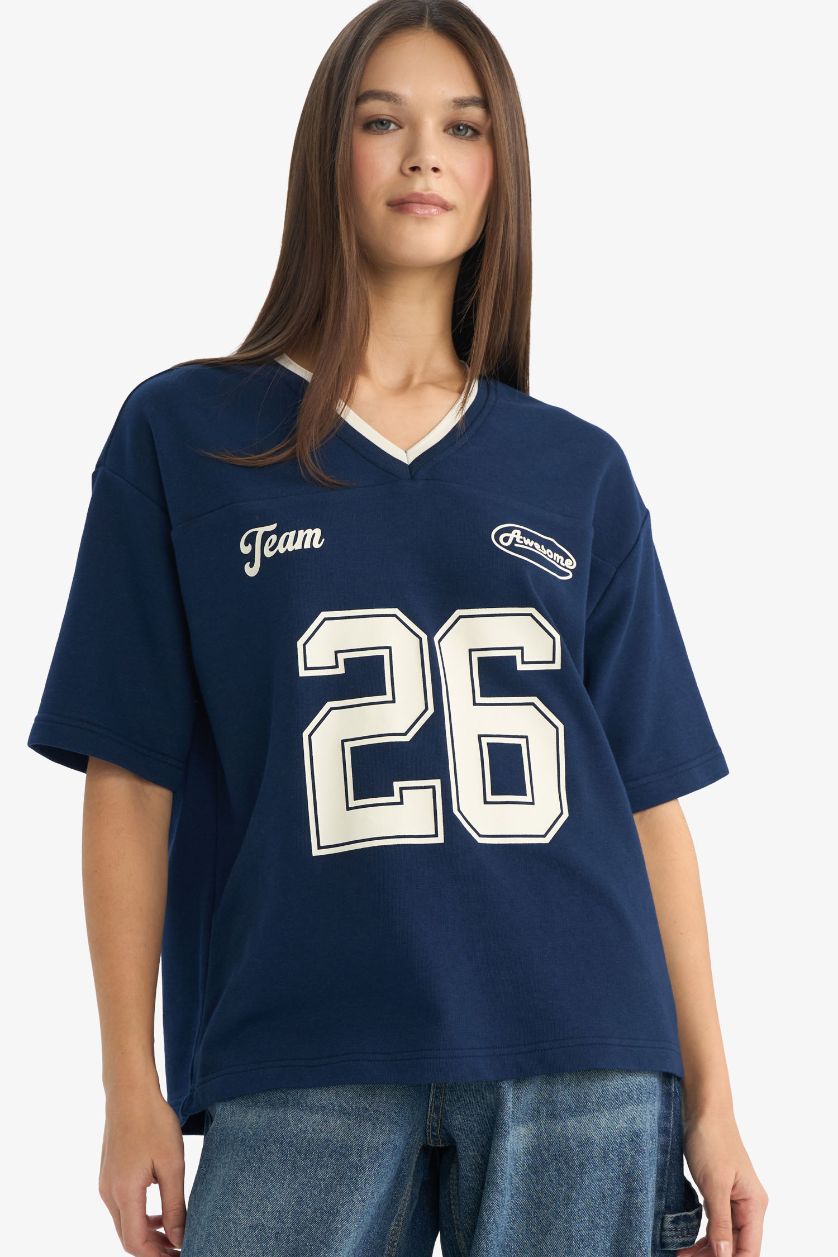 Woman NAVY Oversize Fit Printed Short Sleeve T-shirt