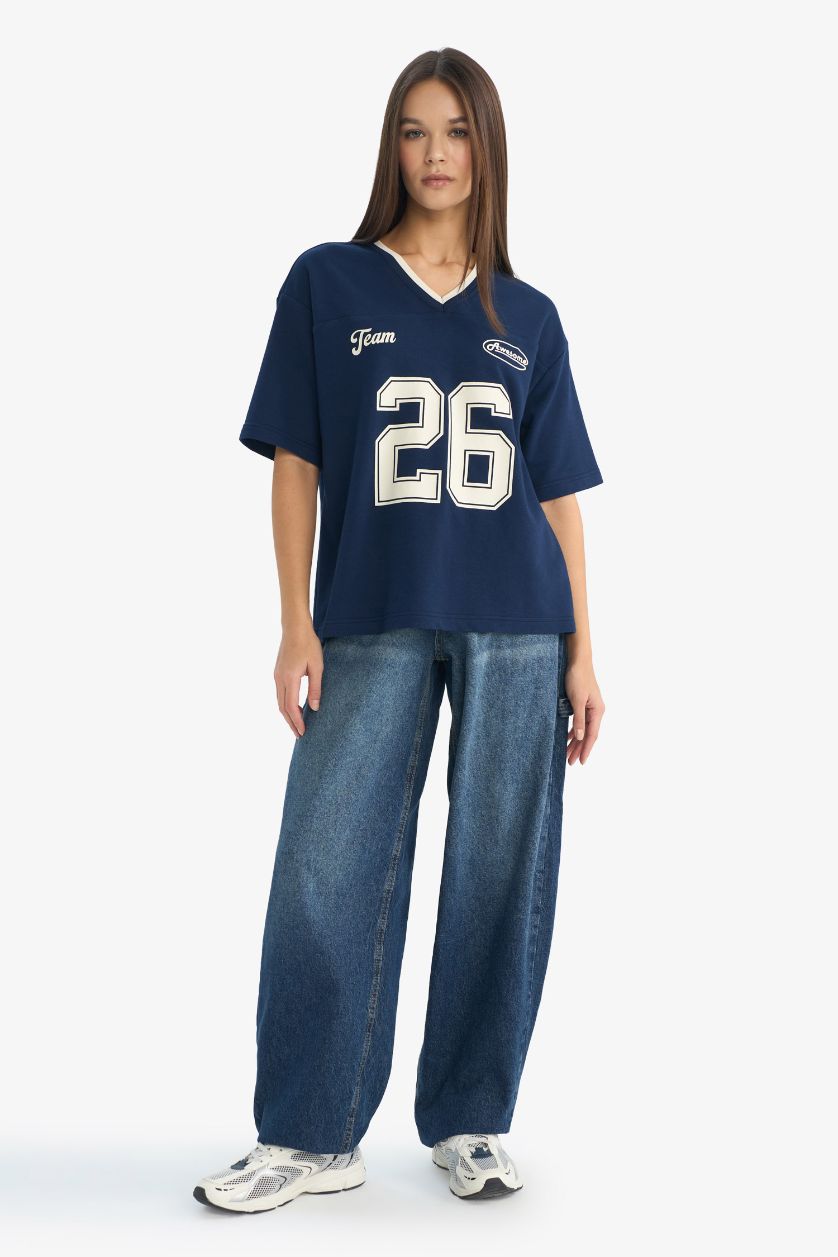 Woman NAVY Oversize Fit Printed Short Sleeve T-shirt