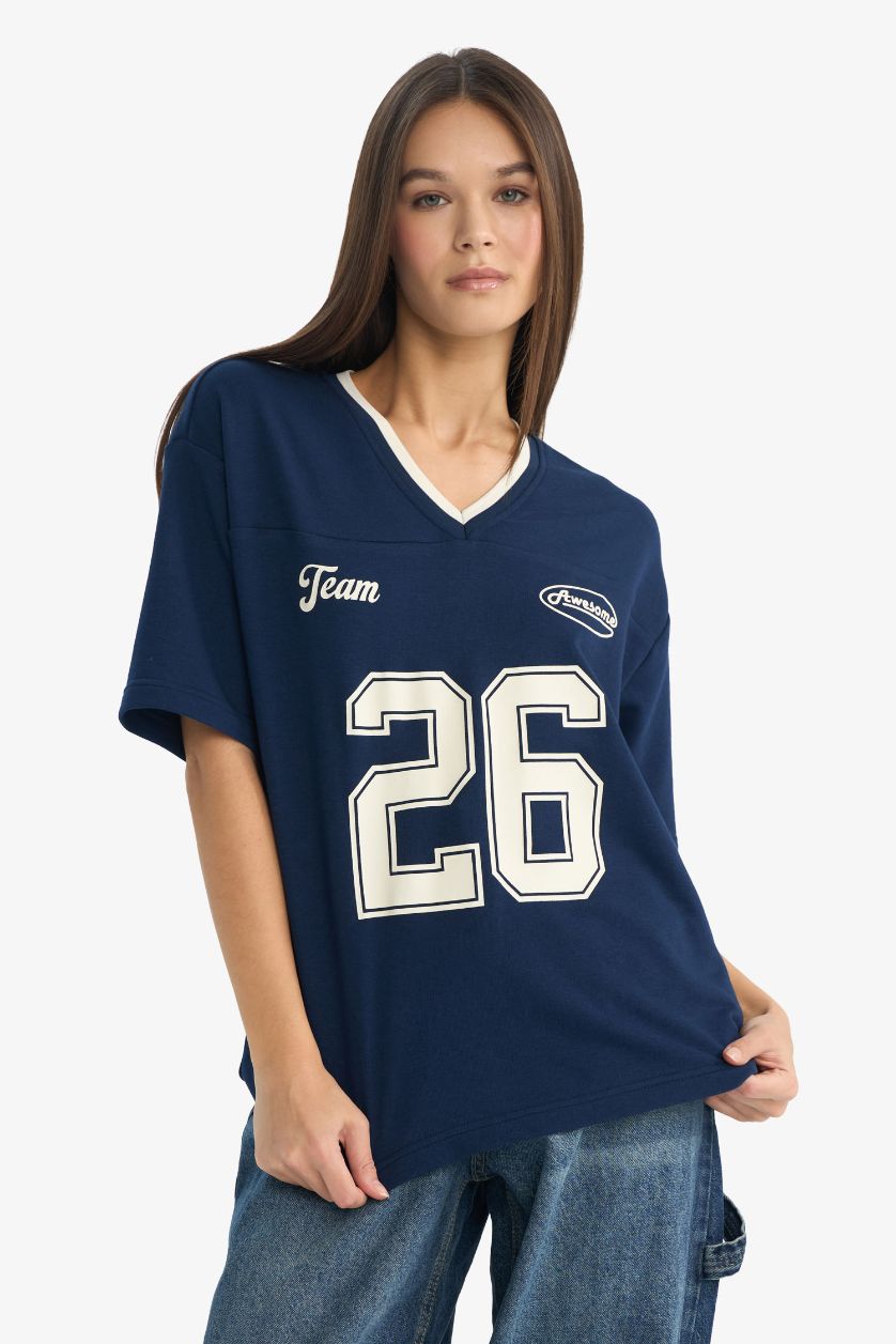 Woman NAVY Oversize Fit Printed Short Sleeve T-shirt