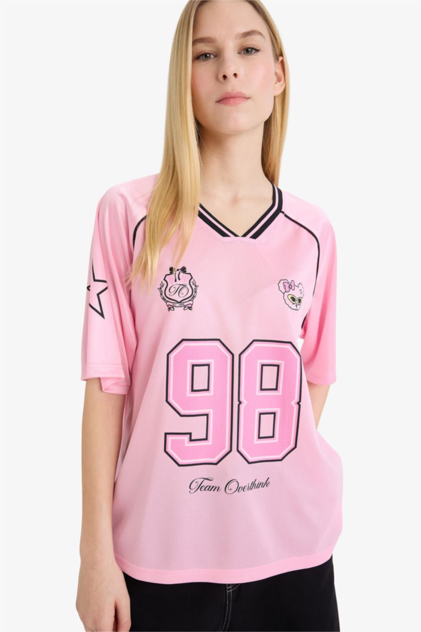 Woman Light Pink Oversize Fit Printed Short Sleeves T-Shirt