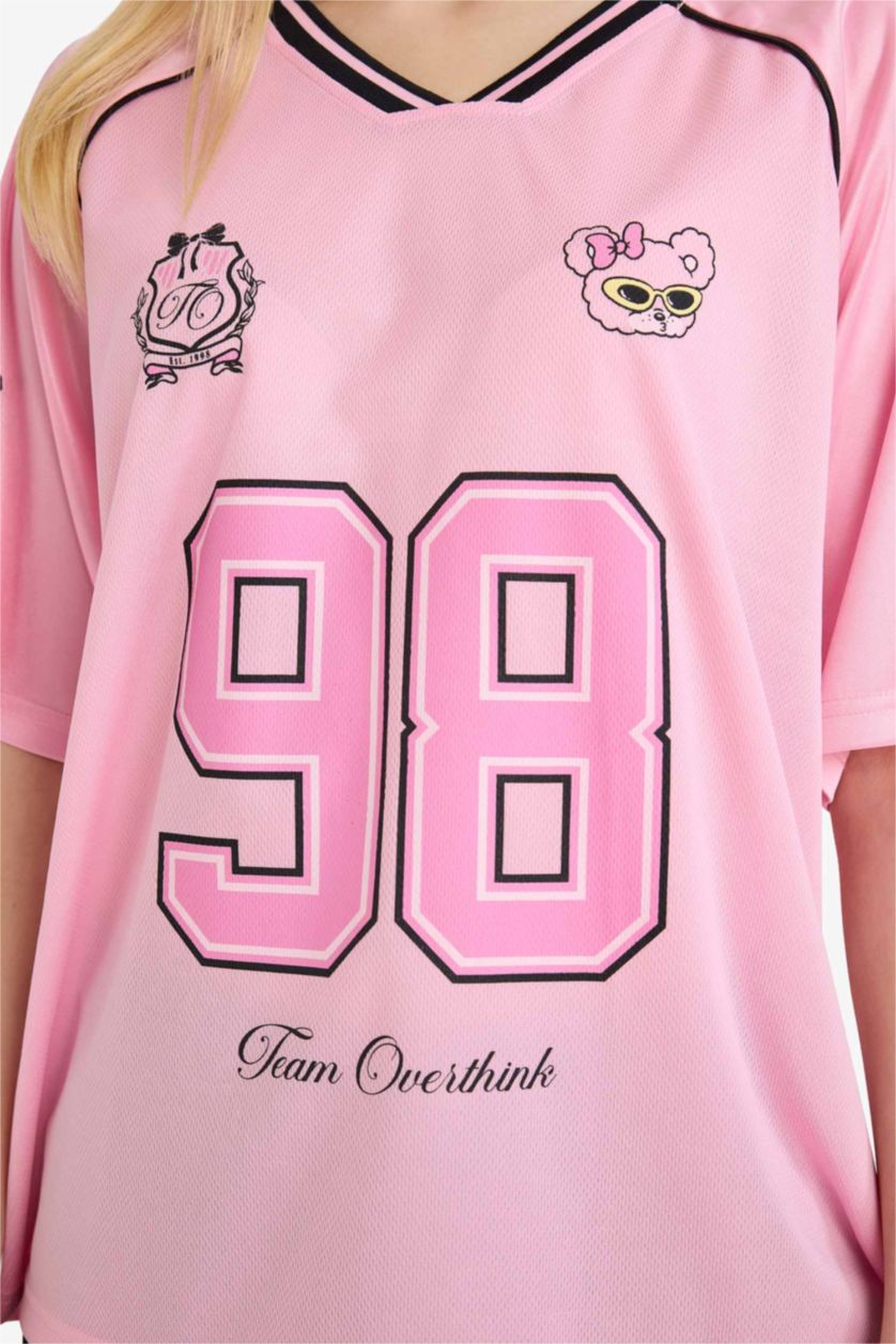Woman Light Pink Oversize Fit Printed Short Sleeves T-Shirt